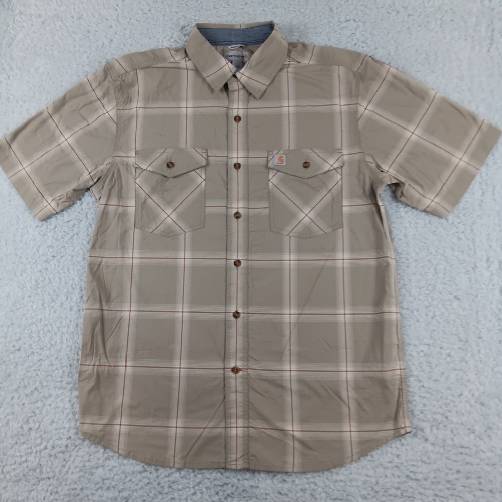 Carhartt Mens Relaxed Fit Plaid Short Sleeve Button Down Shirt Tan 104173 L Reg